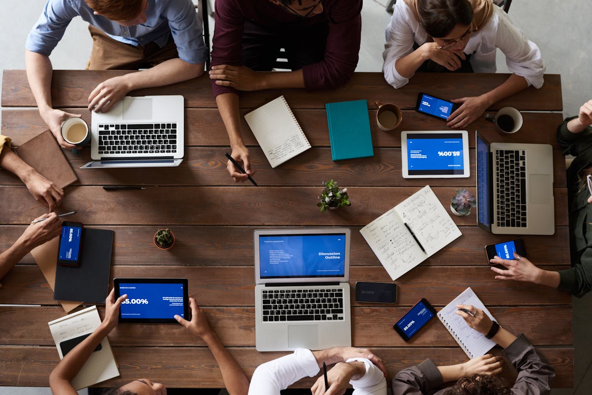 A team collaborating on a futuristic interface